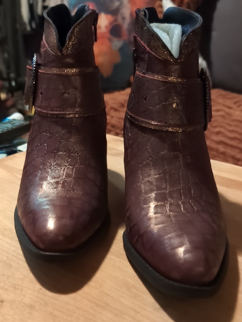 Women's Copper Croc-Embossed Heeled Ankle Boots